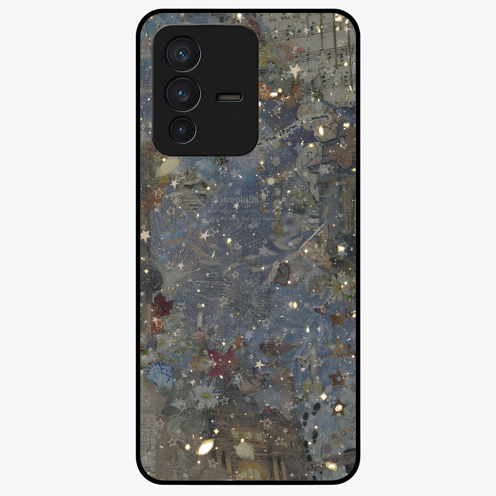 Aesthetic Astrolophia Glass Case showing flat back view with dreamy aesthetic design and glossy glass finish.