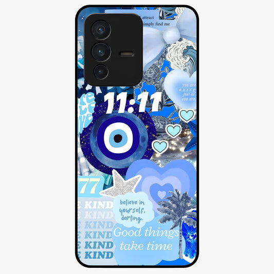 Aesthetic Be Kind Eye Glass Case showing flat back view with motivational eye artwork and glossy glass finish.