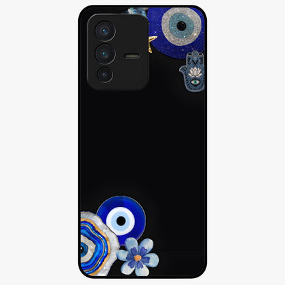 Aesthetic Blue Evil Eye Glass Case showing flat back view with protective evil eye artwork and glossy glass finish.