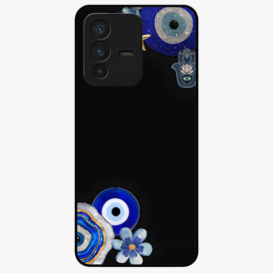 Aesthetic Blue Evil Eye Glass Case showing flat back view with protective evil eye artwork and glossy glass finish.