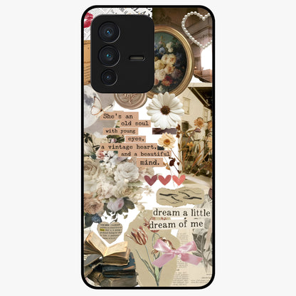 Aesthetic Brown Vintage Collage Glass Case showing flat back view with retro collage artwork and glossy glass finish.
