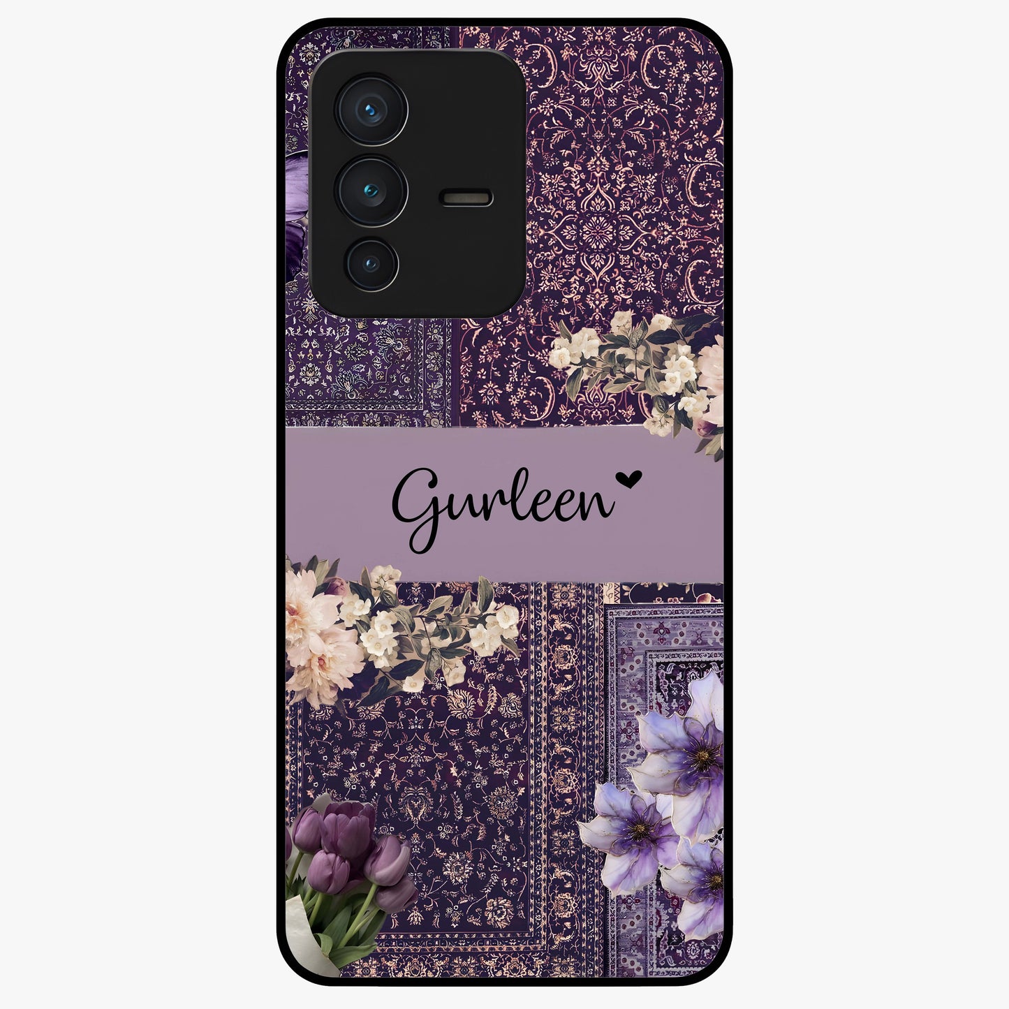 Antique Floral Whisper Custom Name Glass Case showing flat back view with vintage floral artwork and personalized name design.