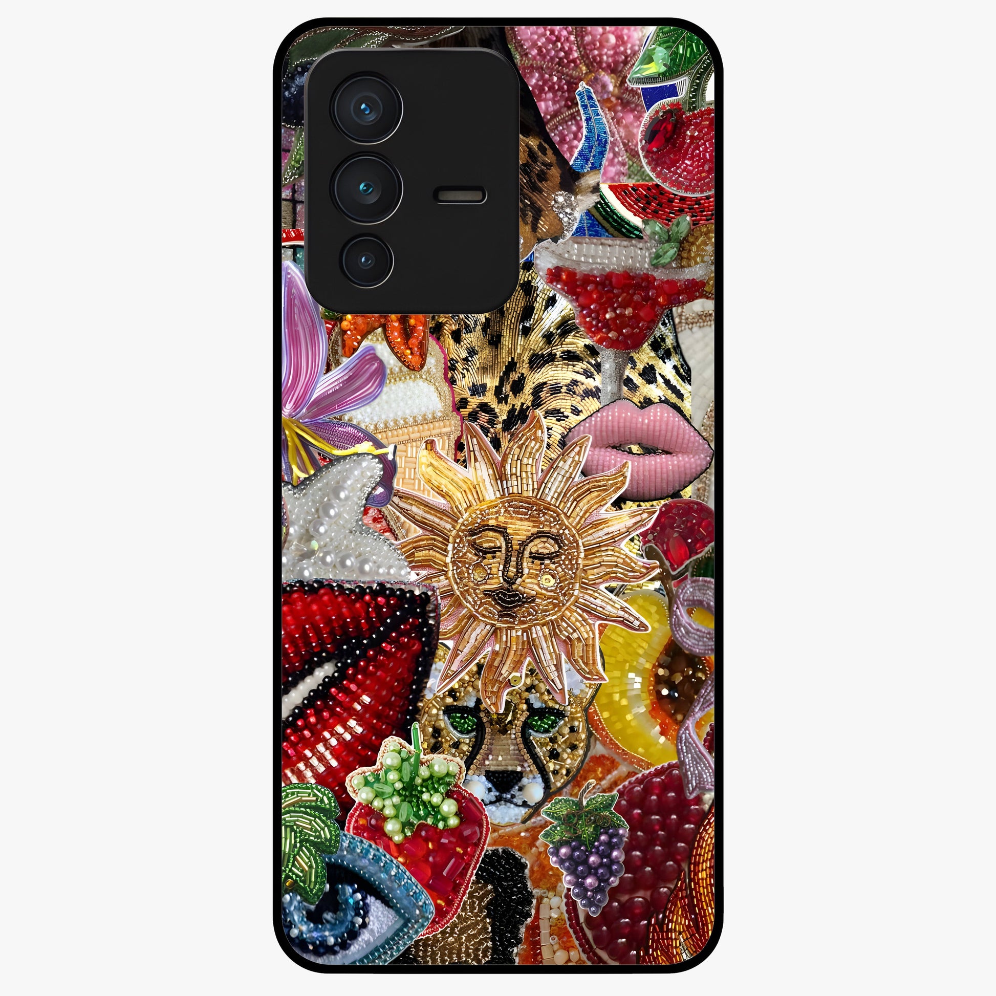 Beaded Fashion Jungle Glass Case showing flat back view with vibrant jungle inspired bead artwork and glossy glass finish.