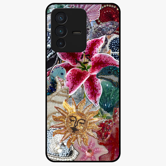 Beaded Garden Fantasy Glass Case showing flat back view with dreamy garden bead artwork and glossy glass finish.