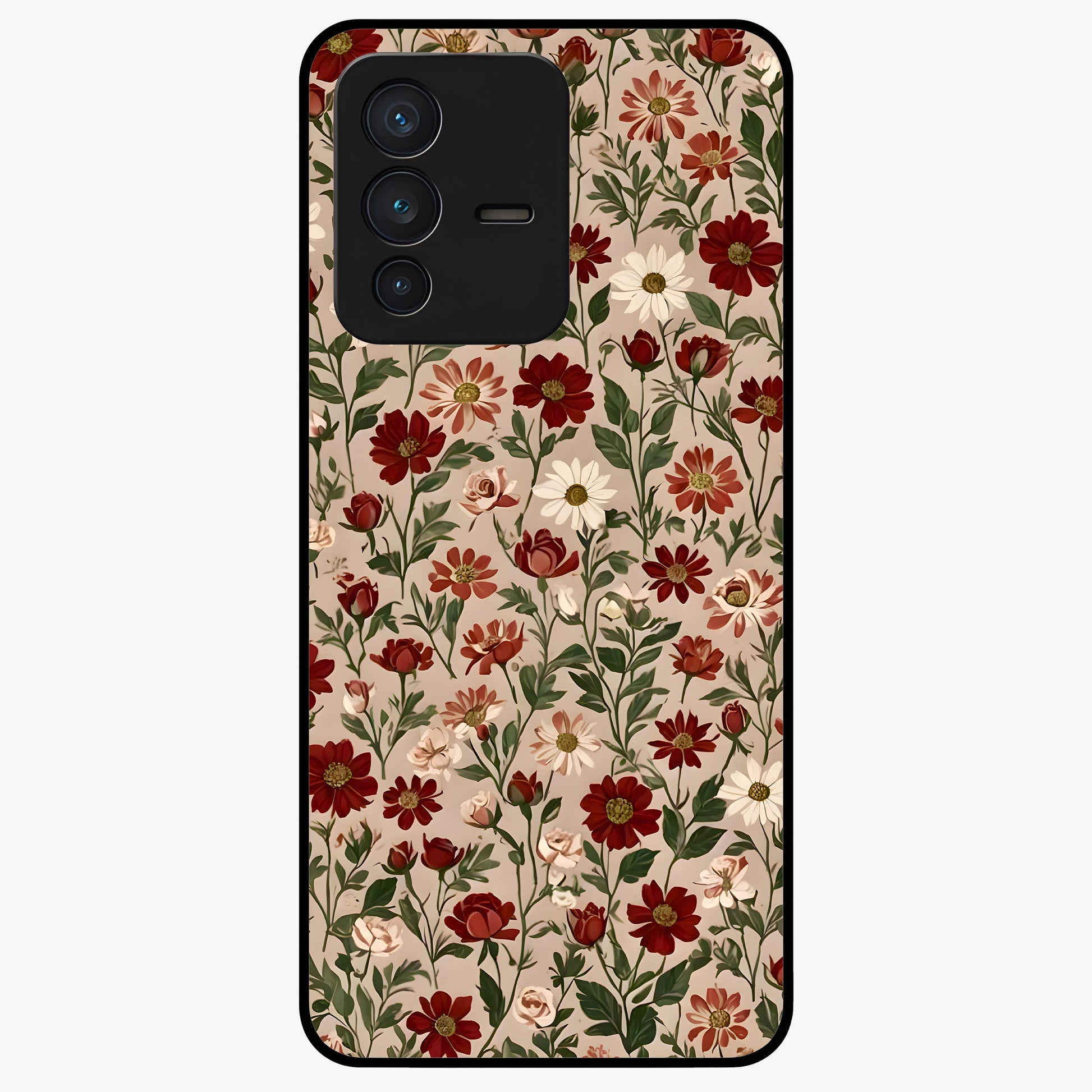 Biege Flower With Leaf Glass Case showing flat back view with soft beige floral artwork and glossy glass finish.