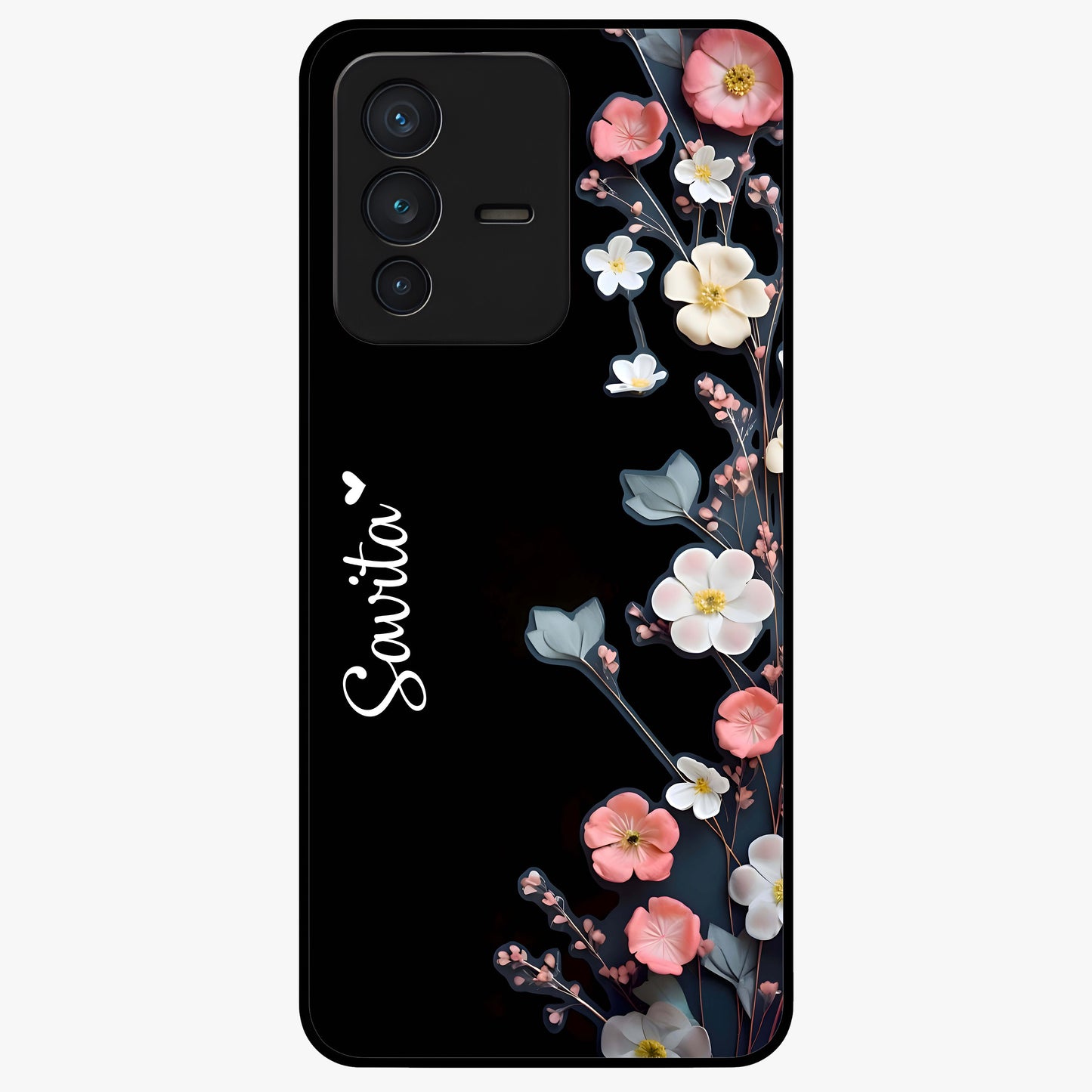Black Elegance Floral Custom Name Glass Case showing flat back view with elegant floral artwork and personalized name design.