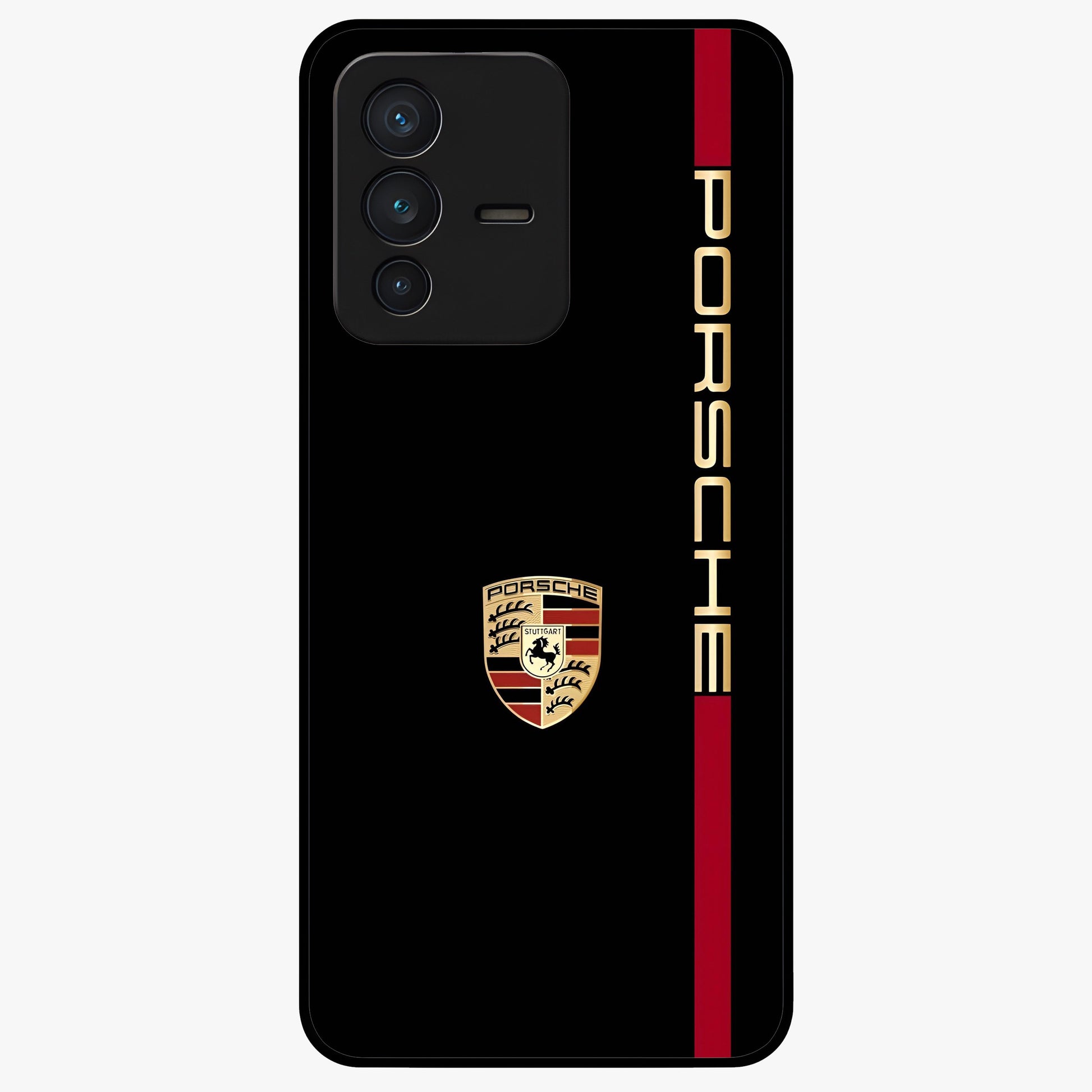 Black Minimal Porsche Glass Case showing flat back view with sleek minimal sports car artwork and glossy glass finish.