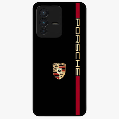 Black Minimal Porsche Glass Case showing flat back view with sleek minimal sports car artwork and glossy glass finish.