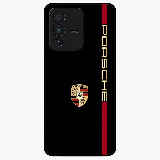 Black Minimal Porsche Glass Case showing flat back view with sleek minimal sports car artwork and glossy glass finish.