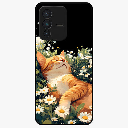 Blissful Bloom Cat Glass Case showing flat back view with cute cat and floral bloom artwork and glossy glass finish.