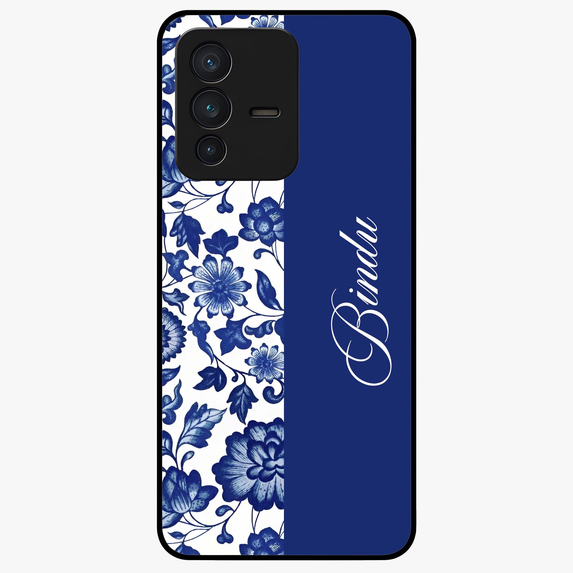 Blue Vintage Floral Pattern Glass Case upright view showcasing timeless floral illustration with vintage inspired style.