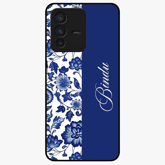 Blue Vintage Floral Pattern Glass Case upright view showcasing timeless floral illustration with vintage inspired style.