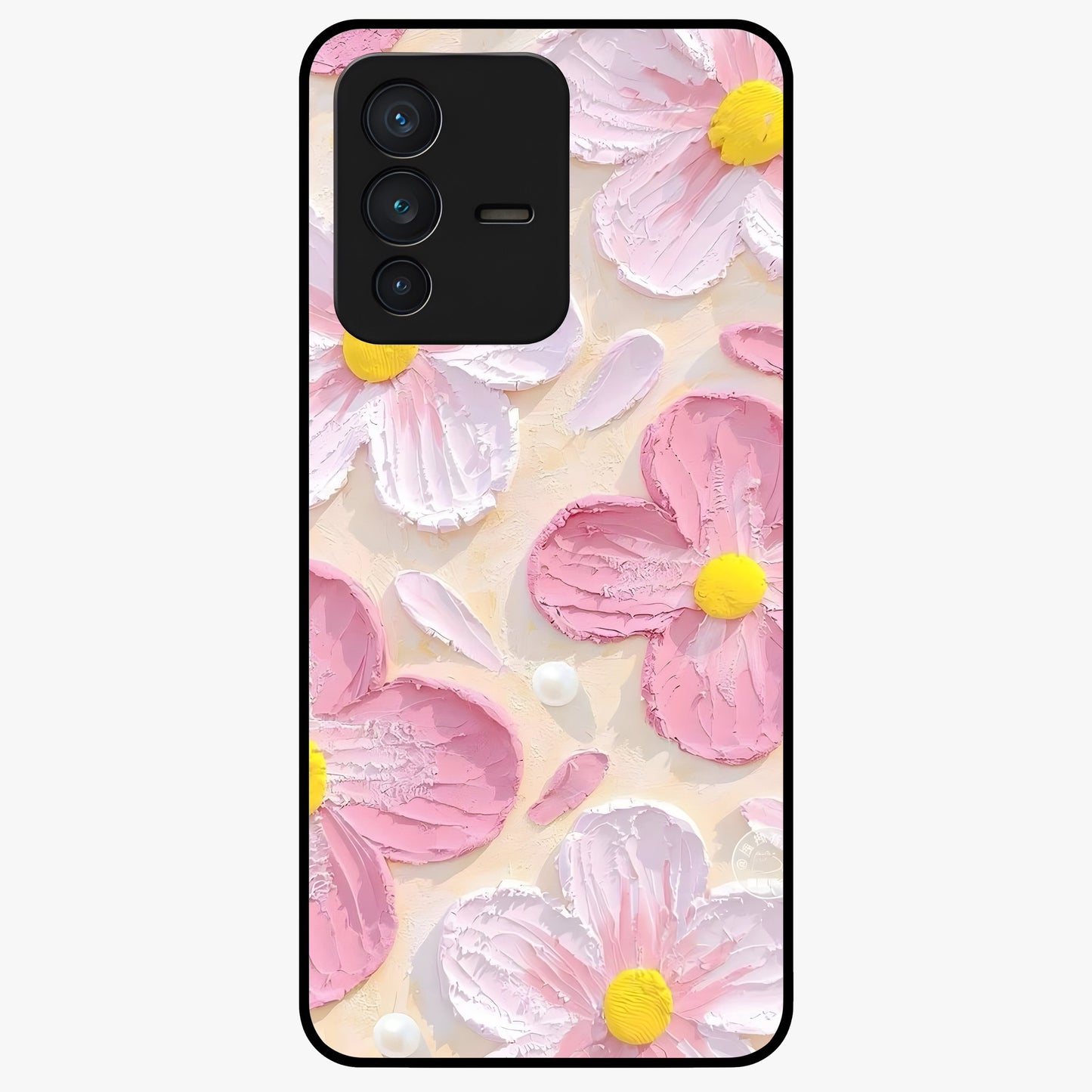 Blush Bloom Texture Glass Case showing flat back view with soft blush floral texture artwork and glossy glass finish.