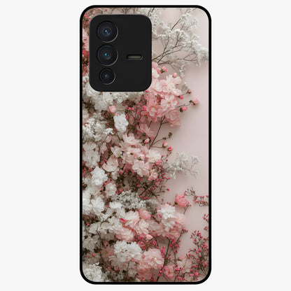 Blush Blossom Cloud Glass Case showing flat back view with dreamy blush cloud blossom artwork and glossy glass finish.