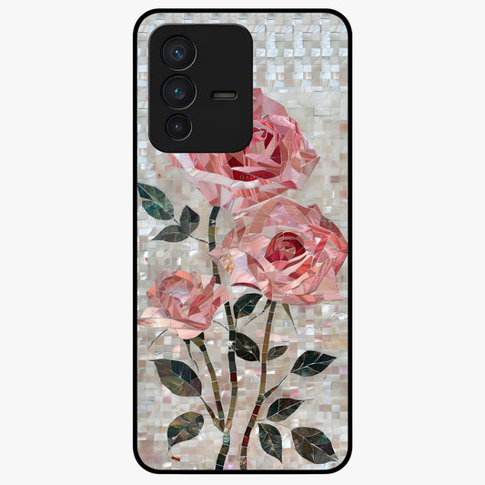Blush Mosaic Bloom Glass Case showing flat back view with mosaic floral bloom artwork and glossy glass finish.