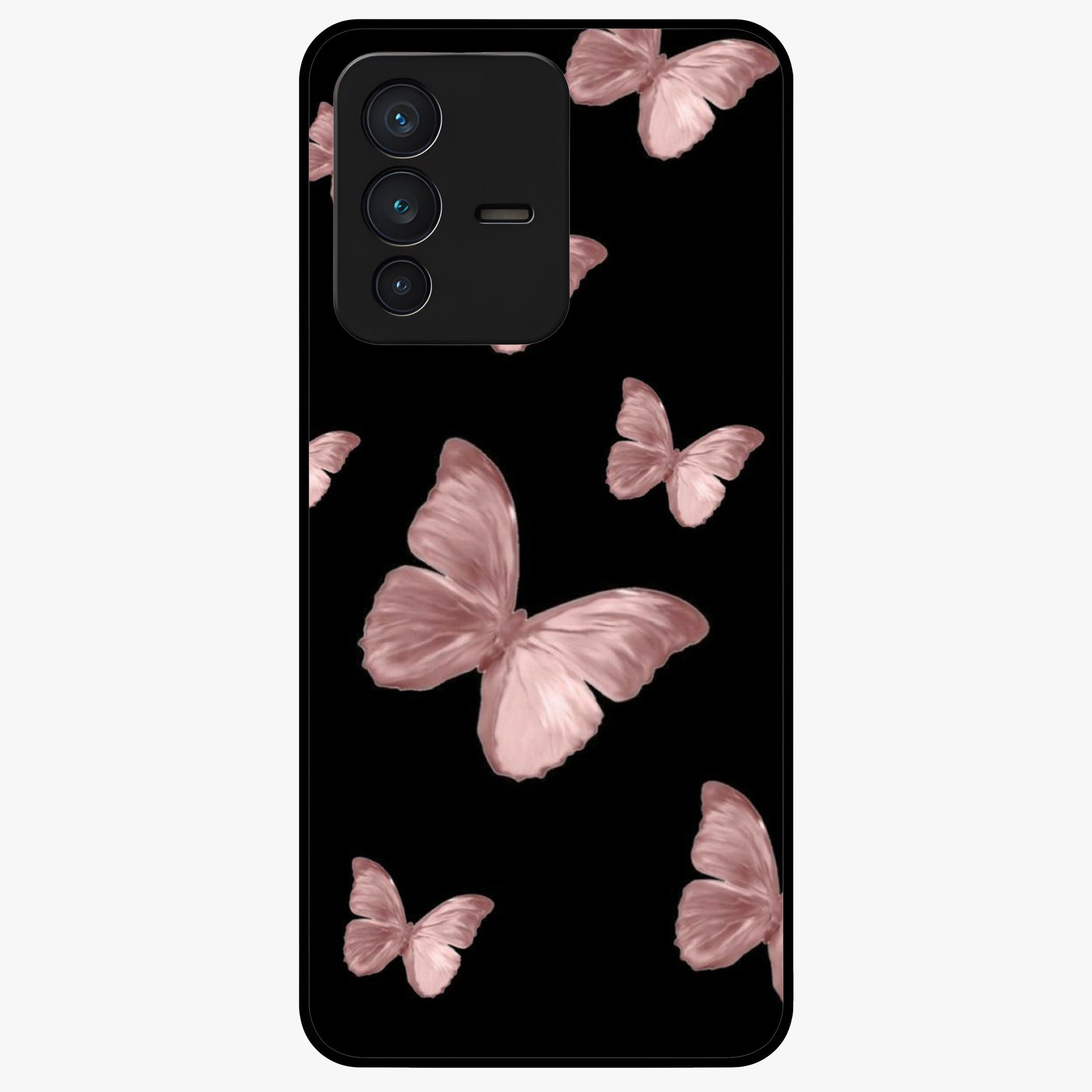 Butterfly Pattern Glass Case showing flat back view with elegant butterfly pattern artwork and glossy glass finish.