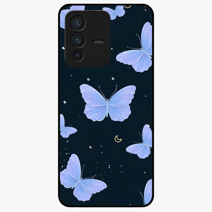Butterfly With Stars Pattern Glass Case showing flat back view with butterfly and star pattern artwork and glossy glass finish.