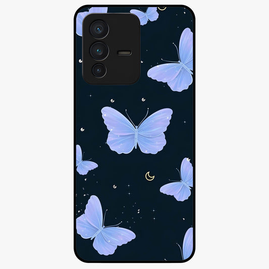 Butterfly With Stars Pattern Glass Case showing flat back view with butterfly and star pattern artwork and glossy glass finish.