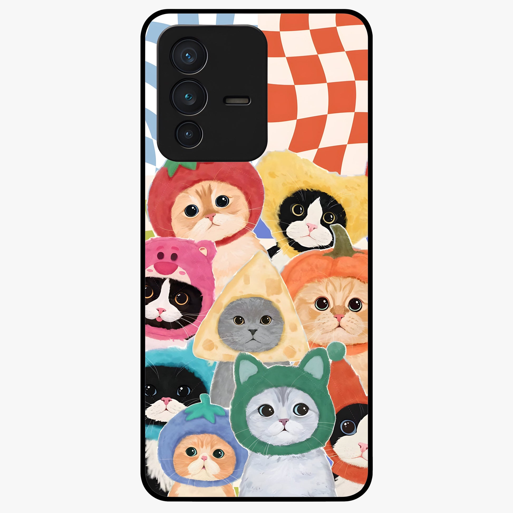 Cats in Fruits Glass Case showing flat back view with playful cat illustrations inside fruit artwork and glossy glass finish.