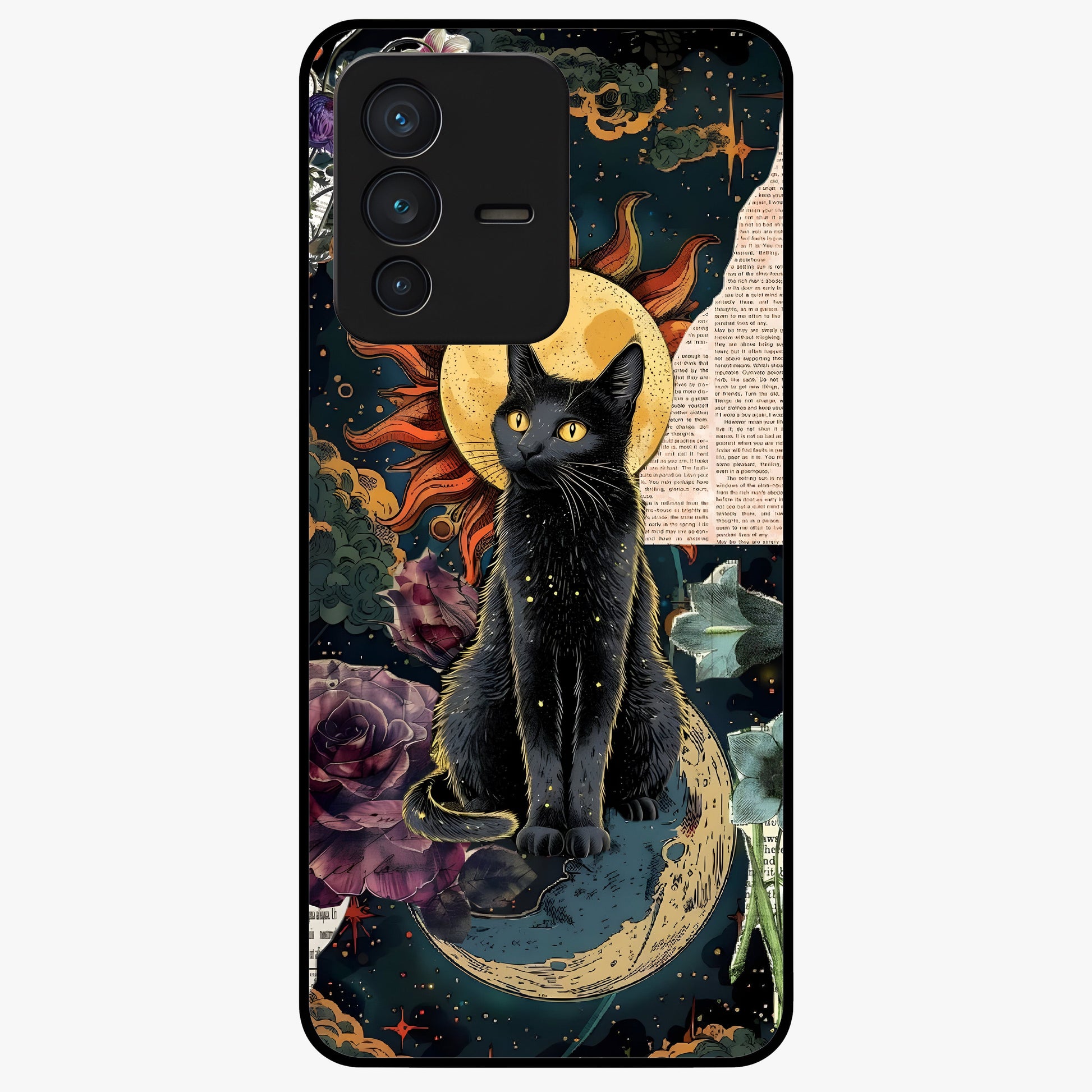 Celestial Black Cat Glass Case showing flat back view with mystical black cat artwork and glossy glass finish.