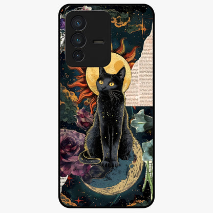 Celestial Black Cat Glass Case showing flat back view with mystical black cat artwork and glossy glass finish.