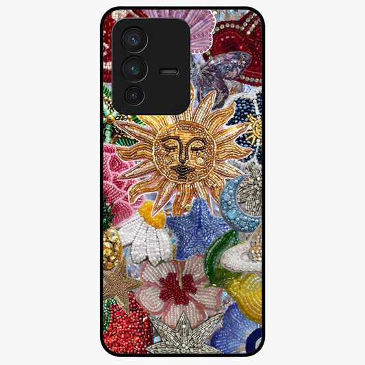 Celestial Floral and Playful Glass Case showing flat back view with floral and celestial themed artwork and glossy glass finish.