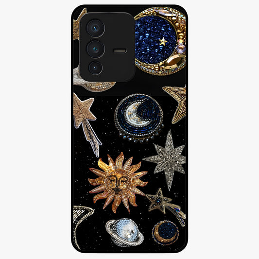 Celestial Gem Constellations Glass Case showing flat back view with sparkling constellation artwork and glossy glass finish.