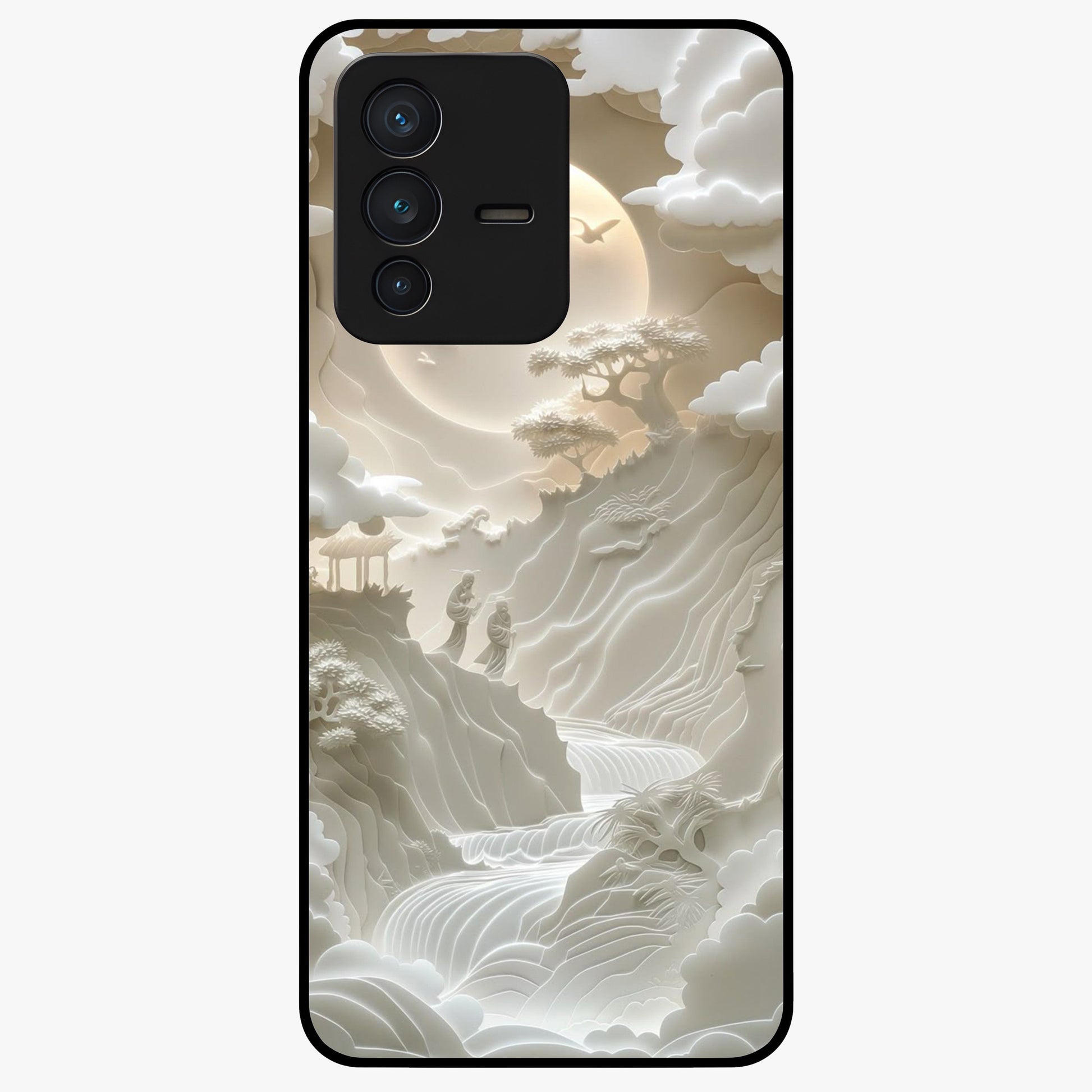 Celestial Origami Glass Case showing flat back view with artistic origami inspired celestial artwork and glossy glass finish.