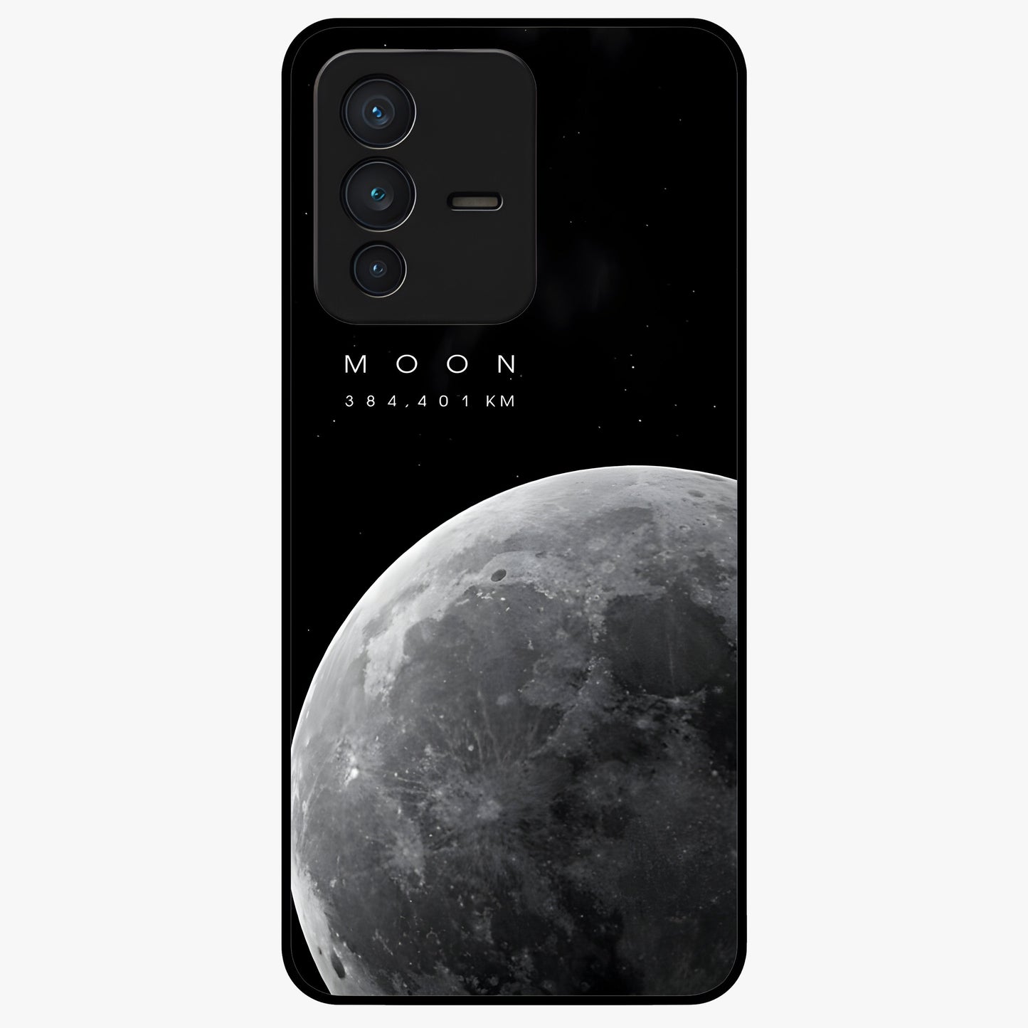 Cosmic Moon Glow Glass Case showing flat back view with glowing moon artwork and glossy glass finish.