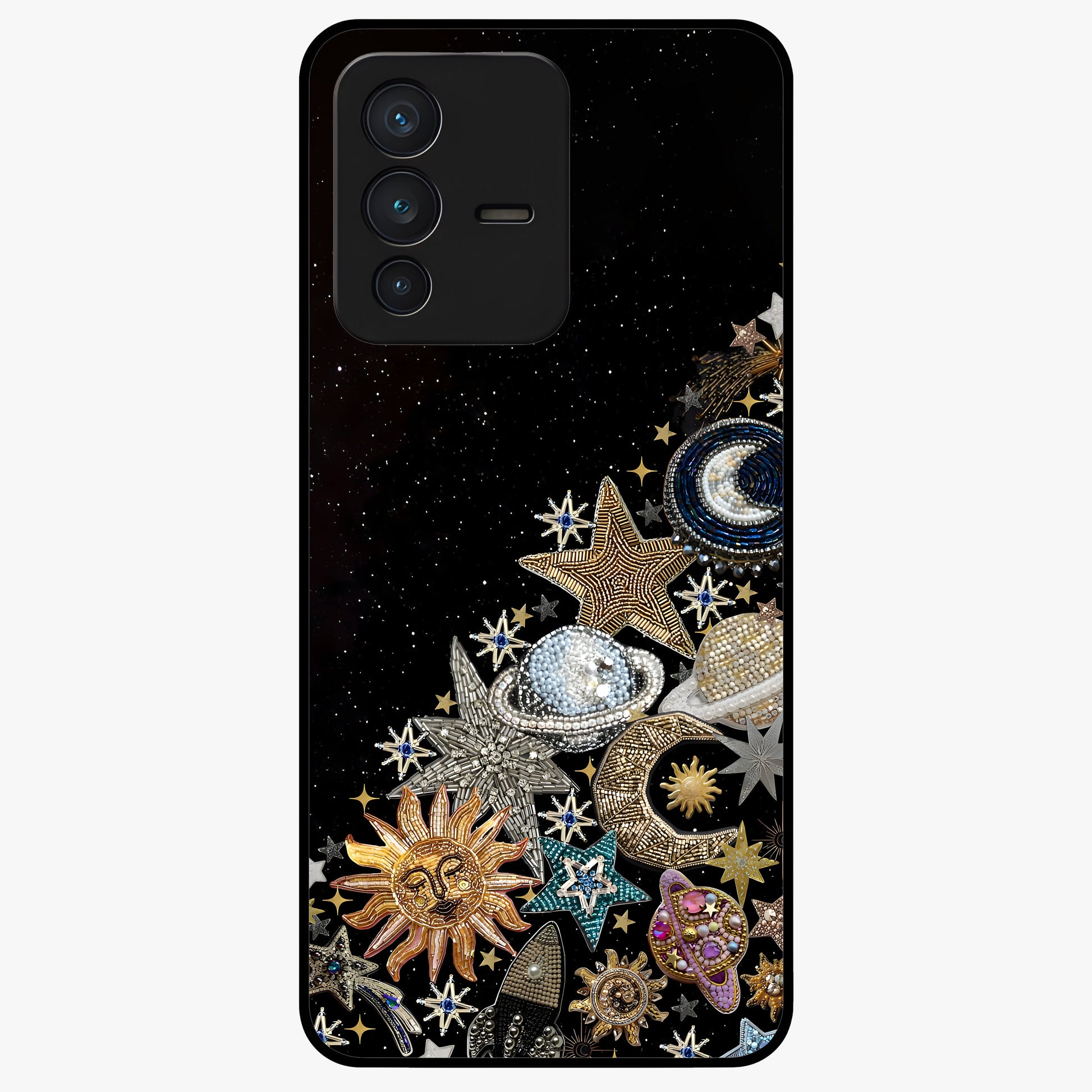 Cosmic Sparkle Dreams Glass Case showing flat back view with sparkling cosmic artwork and glossy glass finish.