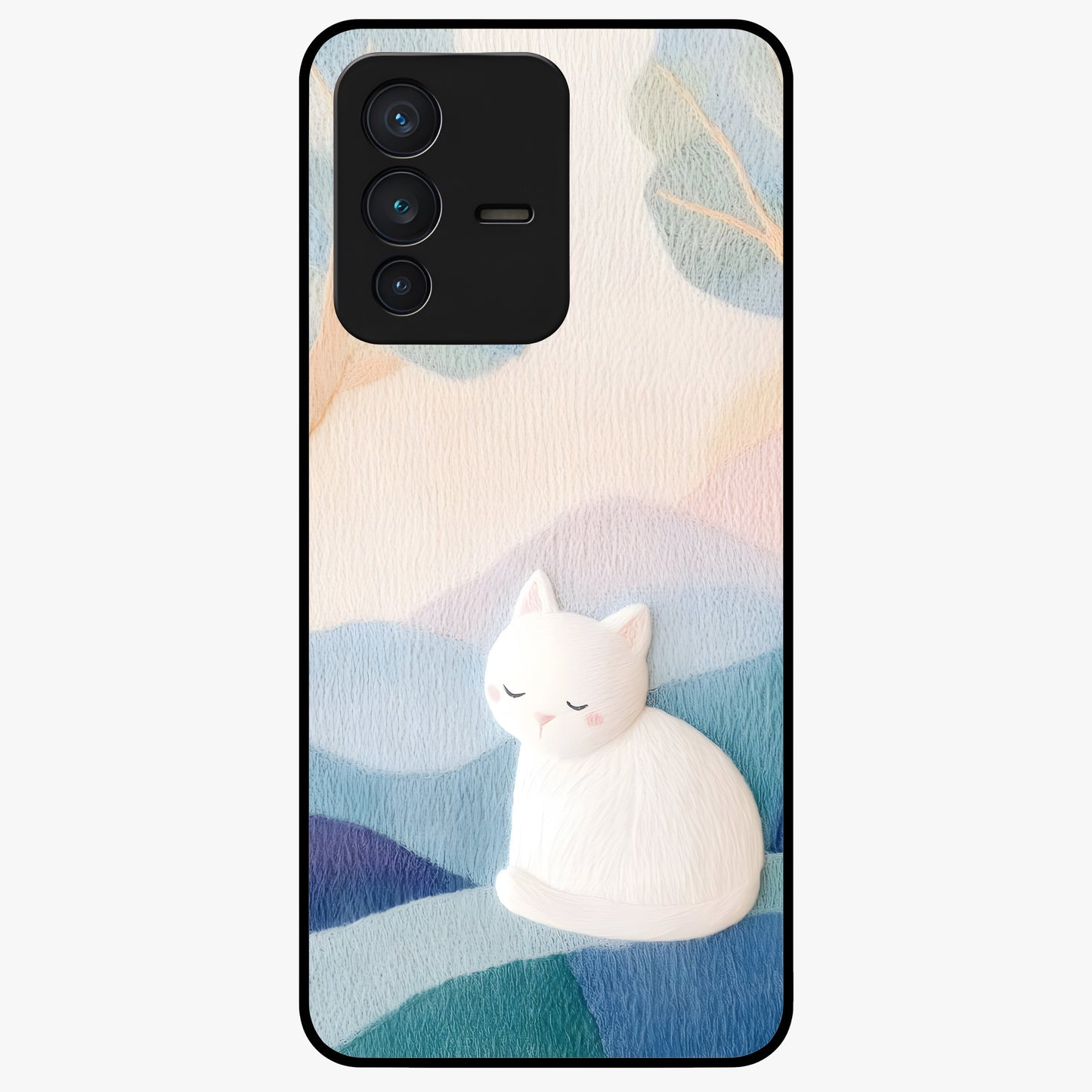 Cotton Dream Cat Glass Case showing flat back view with soft dreamy cat artwork and glossy glass finish.