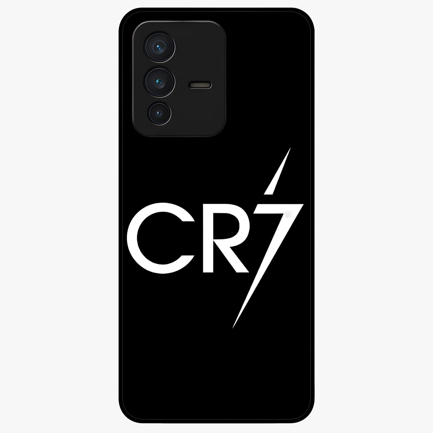 Cr7 Elite Strike Glass Case showing flat back view with dynamic football inspired artwork and glossy glass finish.