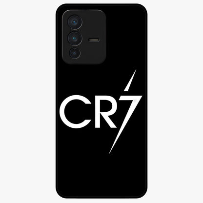 Cr7 Elite Strike Glass Case showing flat back view with dynamic football inspired artwork and glossy glass finish.