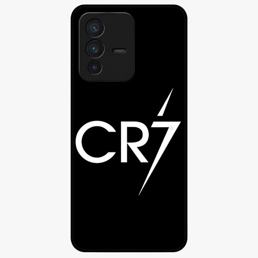 Cr7 Elite Strike Glass Case showing flat back view with dynamic football inspired artwork and glossy glass finish.