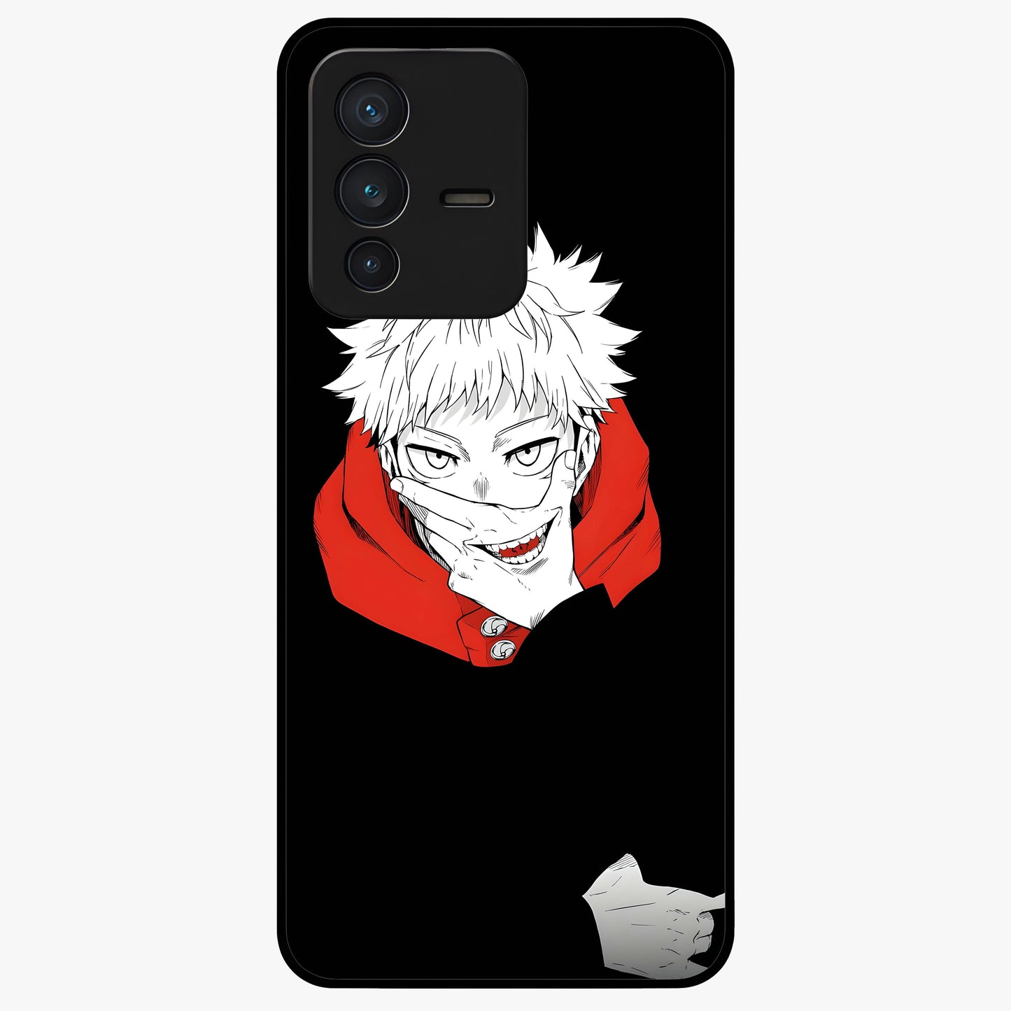 Crimson Chaos Smile Glass Case showing flat back view with bold chaotic smile artwork and glossy glass finish.