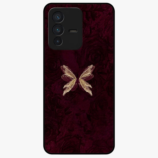Crimson Fade Butterfly Glass Case showing flat back view with fading butterfly artwork and glossy glass finish.
