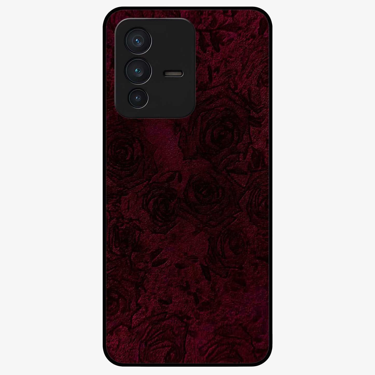 Crimson Fade Flow Glass Case showing flat back view with flowing crimson gradient artwork and glossy glass finish.