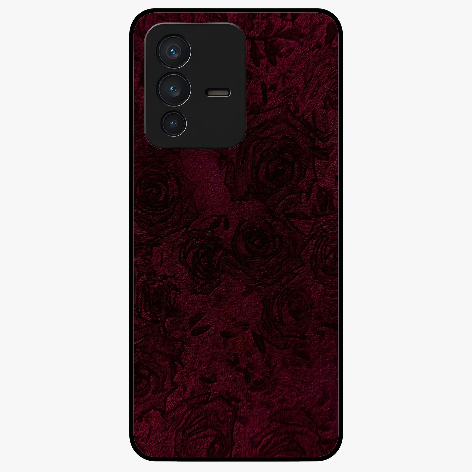Crimson Fade Flow Glass Case showing flat back view with flowing crimson gradient artwork and glossy glass finish.