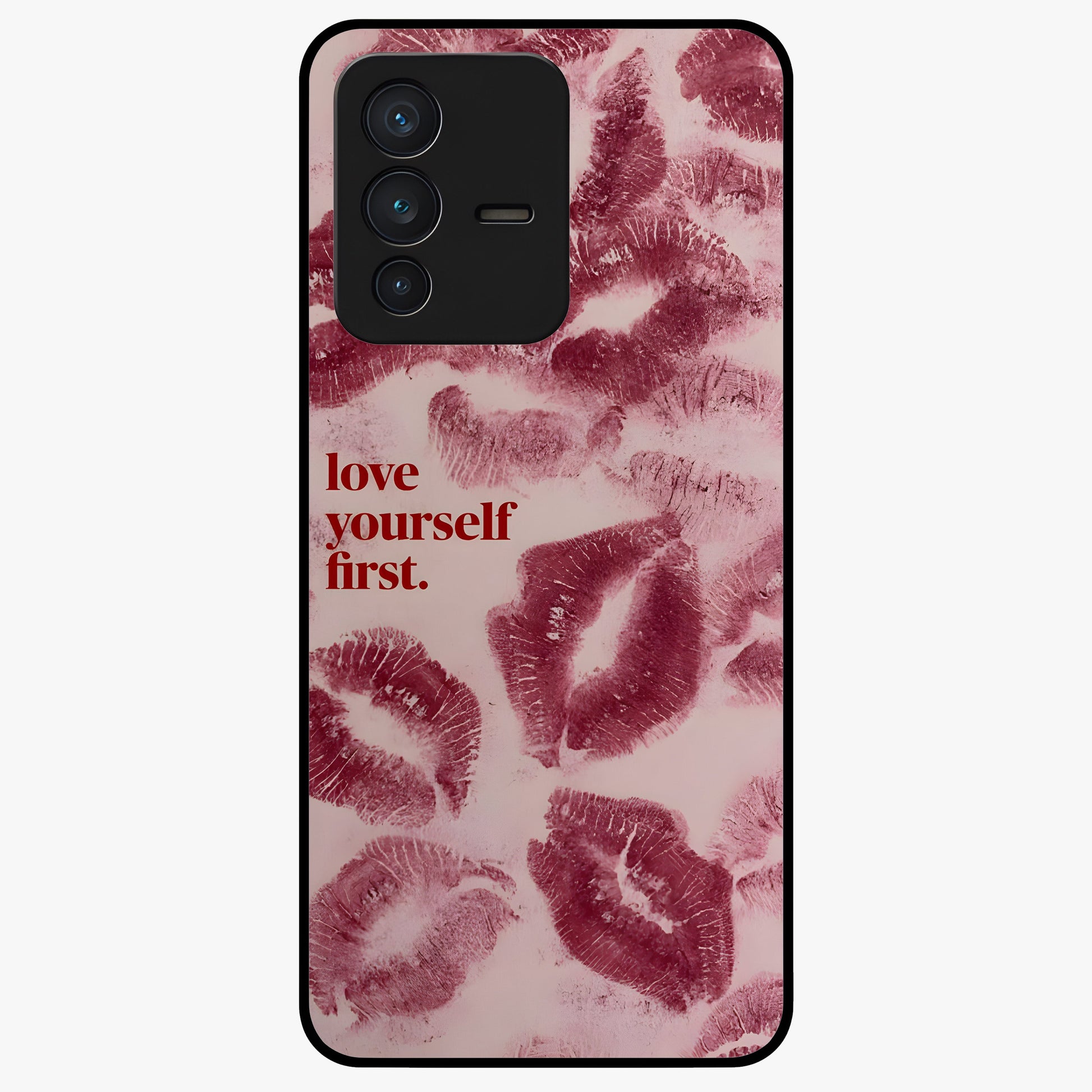 Crimson Kiss Love Glass Case showing flat back view with romantic crimson themed artwork and glossy glass finish.