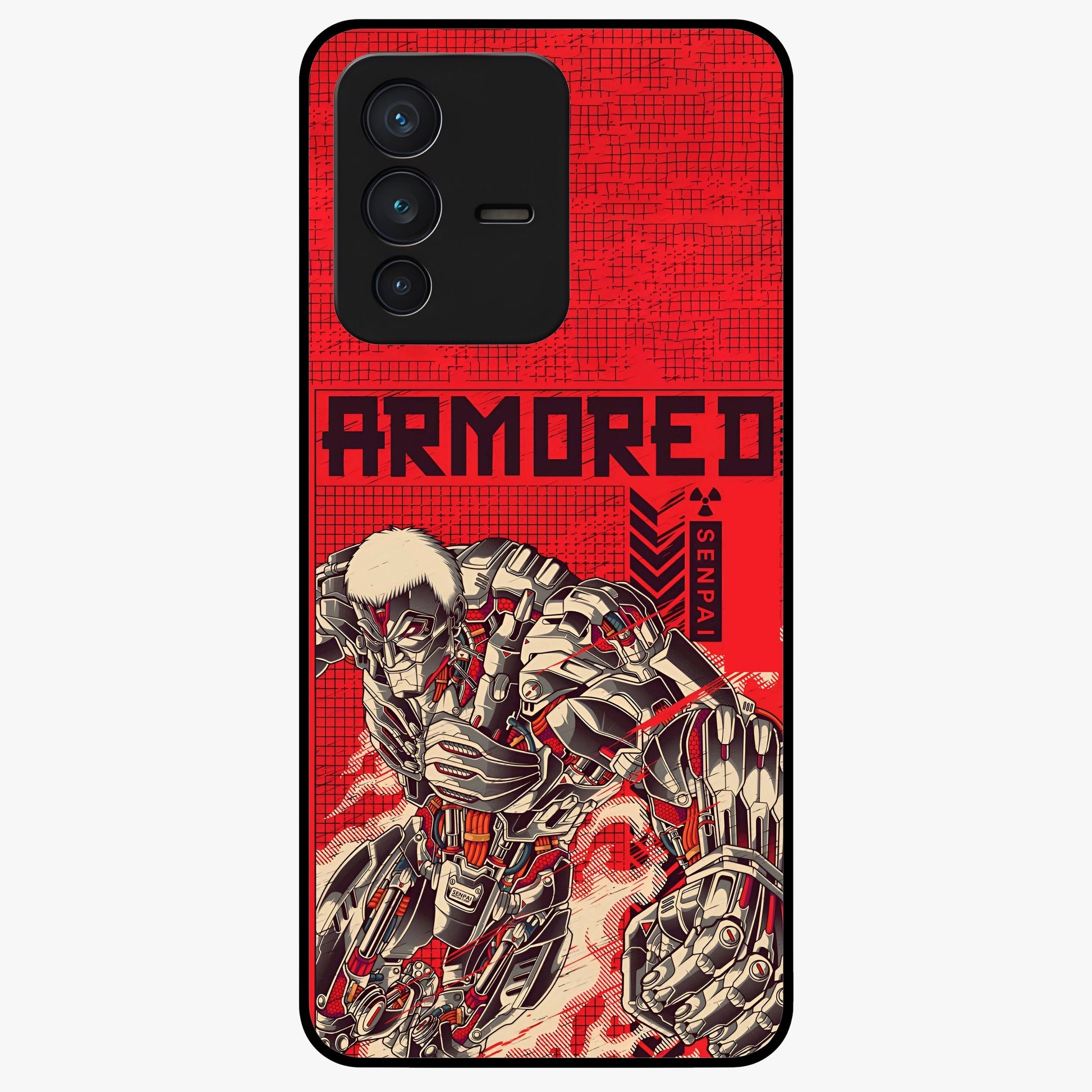 Crimson Mecha Titan Glass Case showing flat back view with powerful mech titan artwork and glossy glass finish.