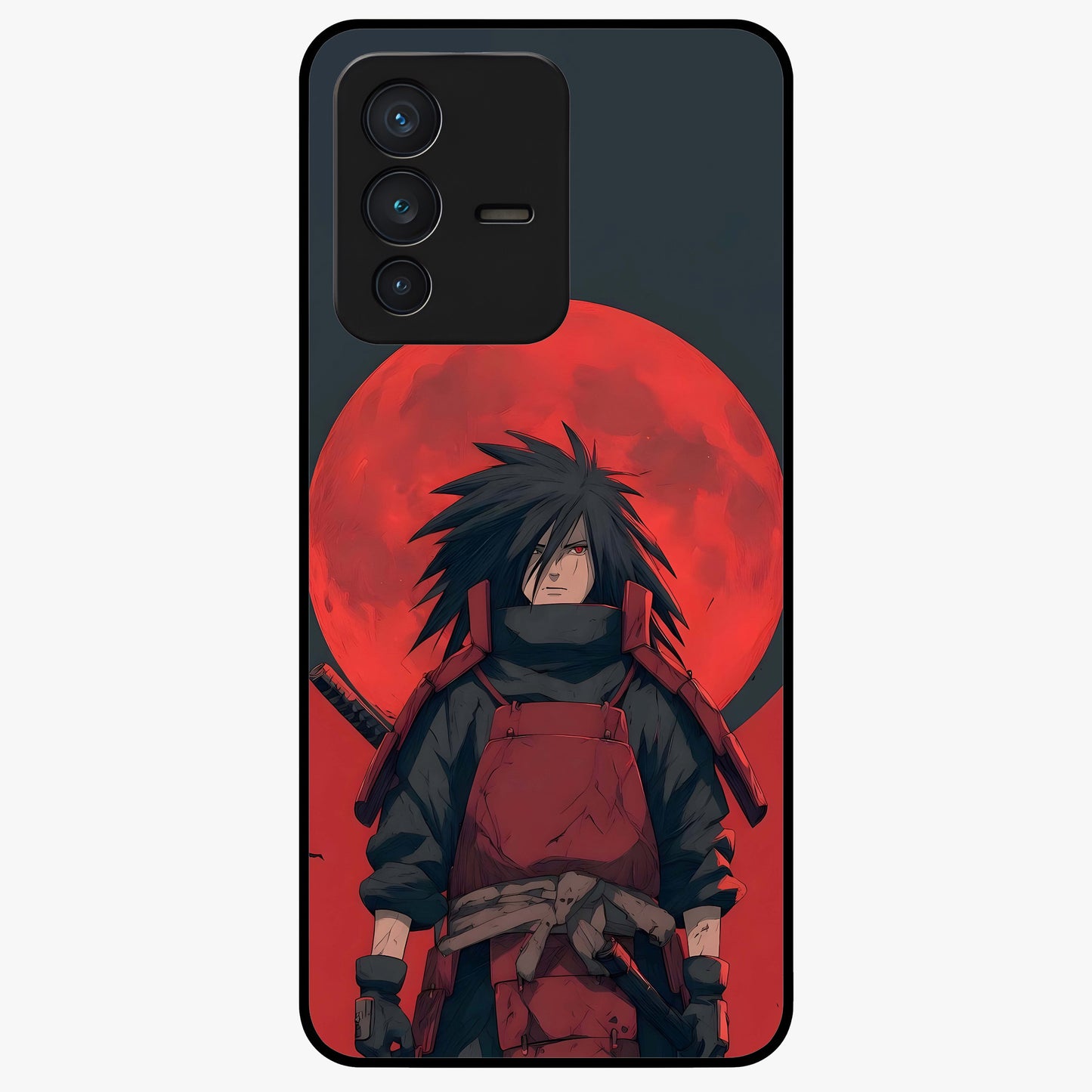 Crimson Moon Warlord Glass Case showing flat back view with mystical moon warrior artwork and glossy glass finish.