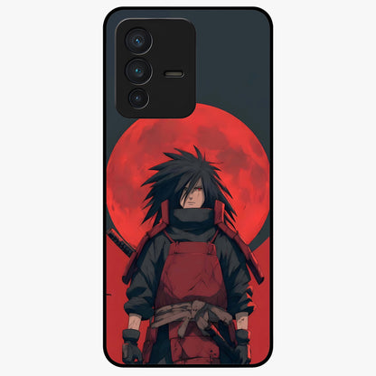 Crimson Moon Warlord Glass Case showing flat back view with mystical moon warrior artwork and glossy glass finish.