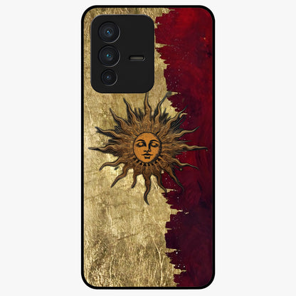 Crimson Sun Majesty Glass Case showing flat back view with radiant sun inspired artwork and glossy glass finish.