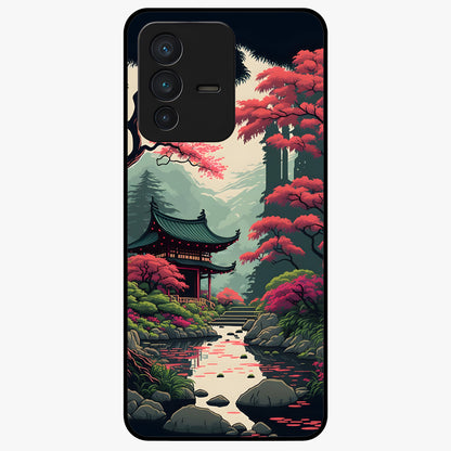 Crimson Temple View Glass Case showing flat back view with temple inspired artwork and glossy glass finish.
