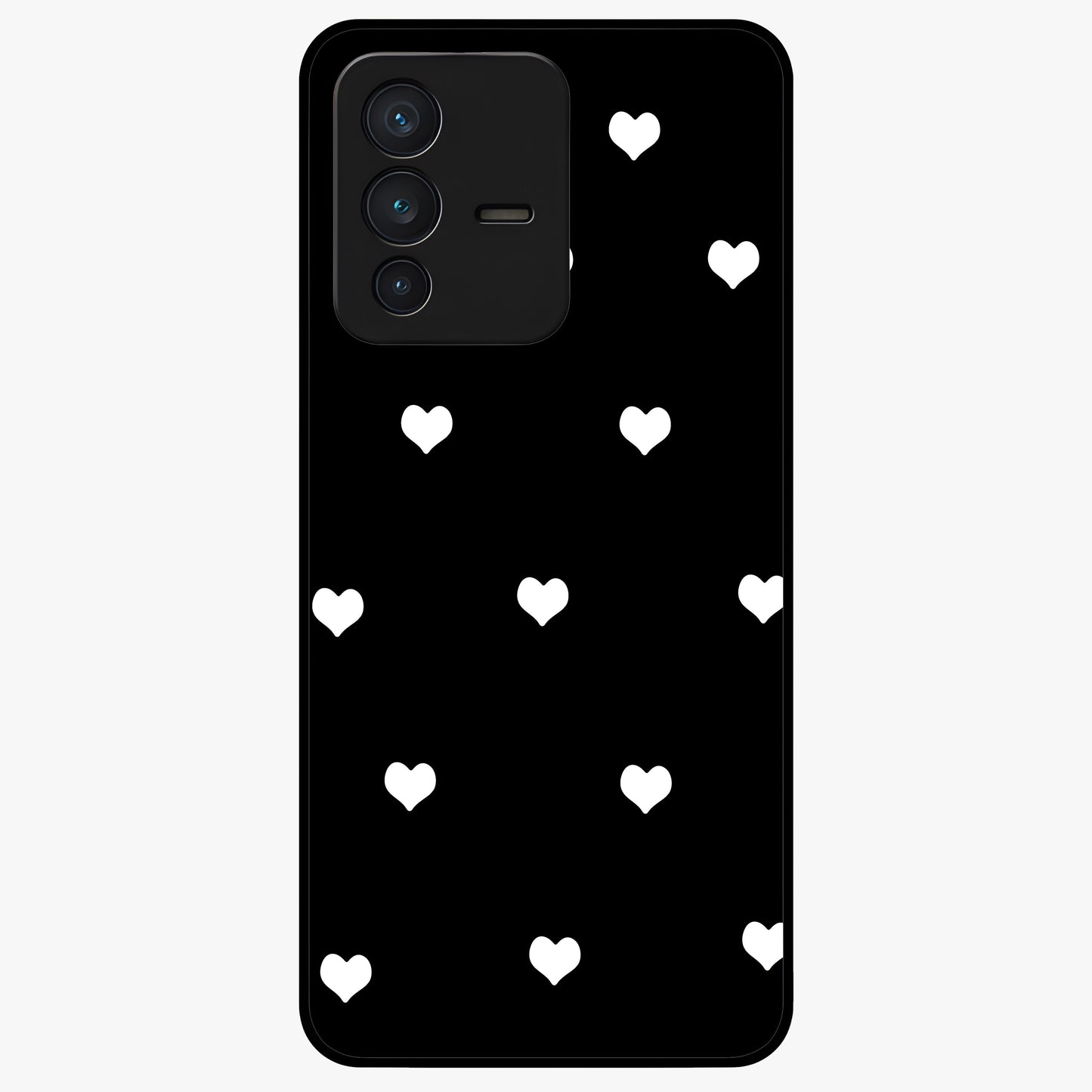 Cute And Simple White Hearts Glass Case showing flat back view with minimal white heart pattern and glossy glass finish.
