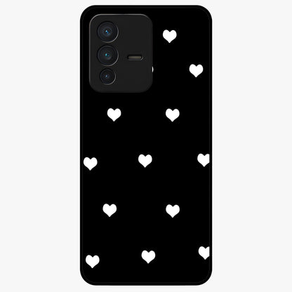 Cute And Simple White Hearts Glass Case showing flat back view with minimal white heart pattern and glossy glass finish.