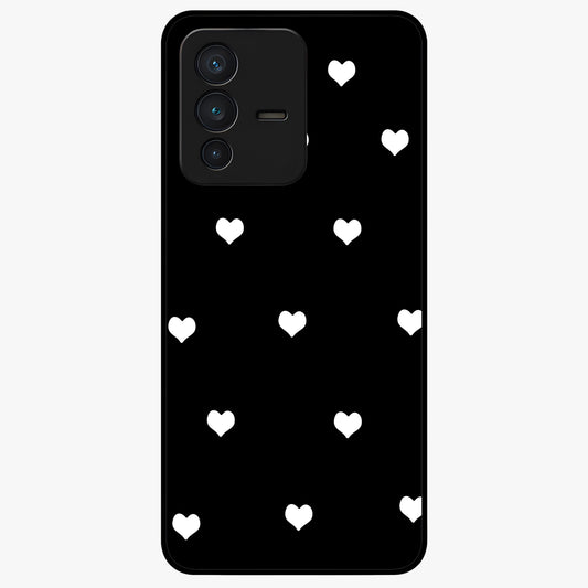 Cute And Simple White Hearts Glass Case showing flat back view with minimal white heart pattern and glossy glass finish.