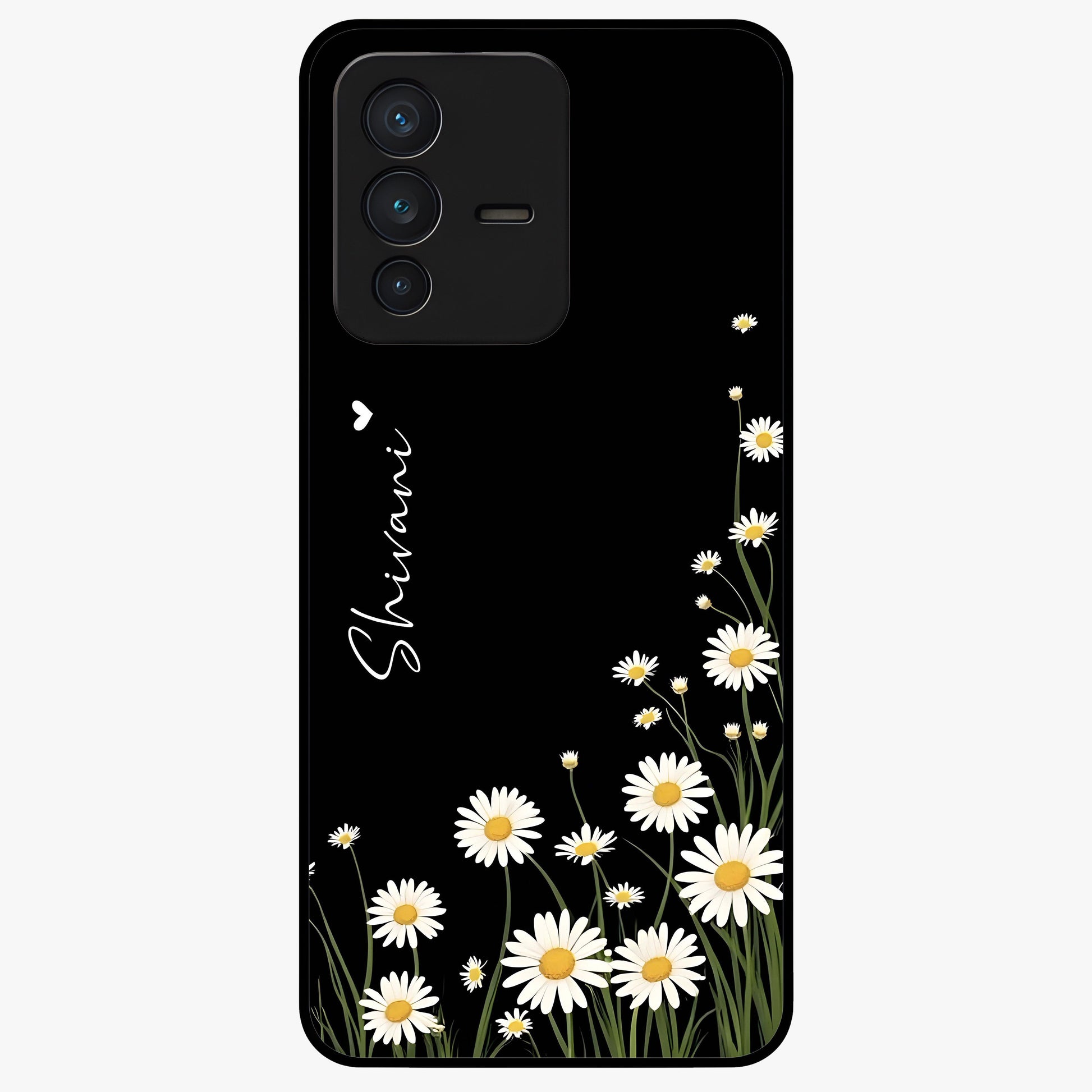 Daisy Cascade Custom Name Glass Case showing flat back view with cascading daisy flowers and personalized name design.