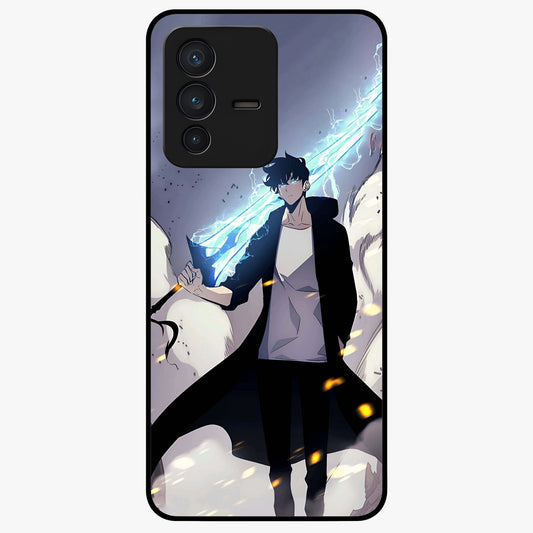 Dark Lightning Anime Warrior Glass Case showing flat back view with intense anime warrior artwork and glossy glass finish.