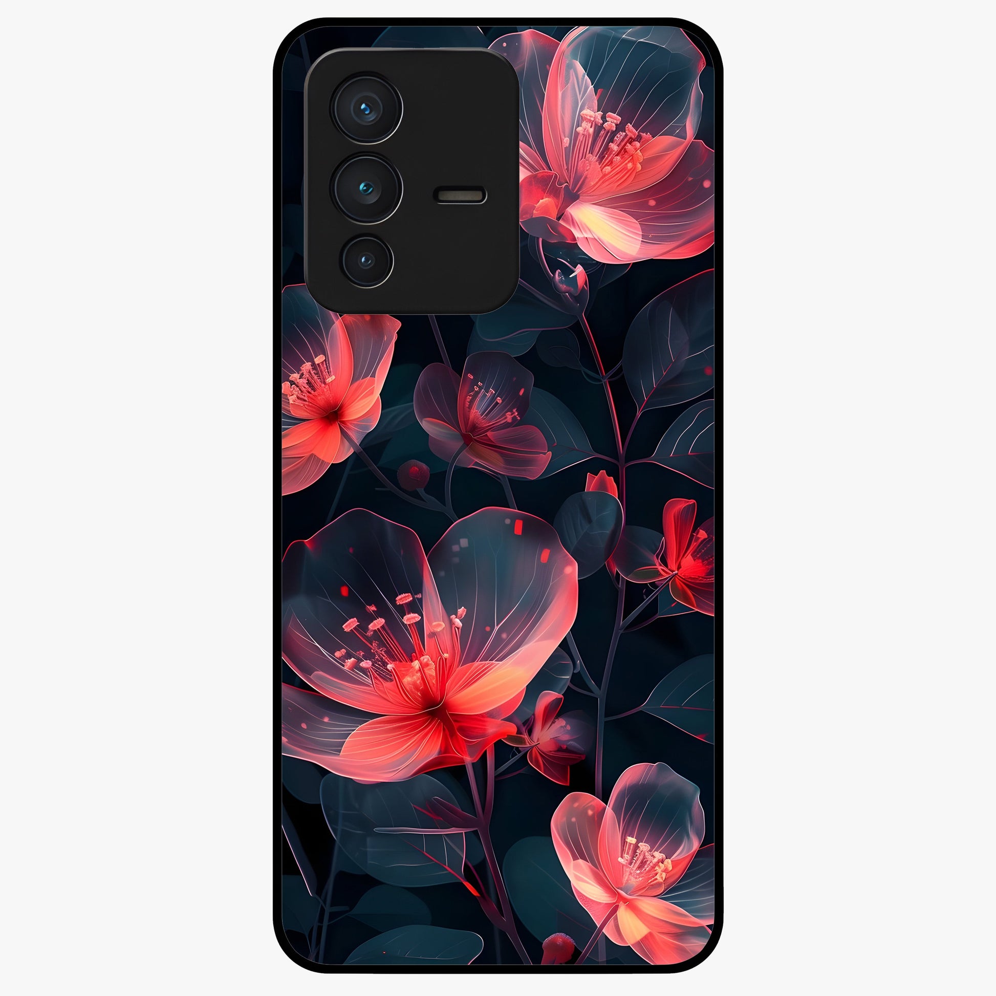Dark Shade of Flower Glass Case showing flat back view with elegant dark floral artwork and glossy glass finish.